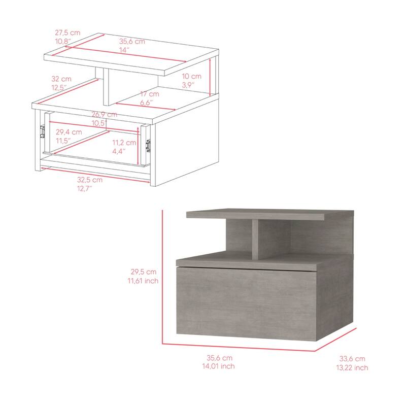 Floating Nightstand with Drawer, Concrete Gray, Space-Saving Design