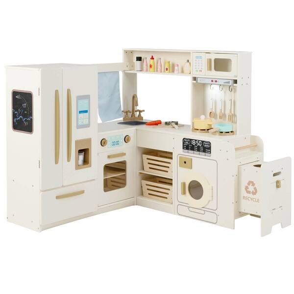 slide 2 of 30, Costway Corner Play Kitchen with Lights & Sounds Wooden Toy Kitchen - See Details Beige