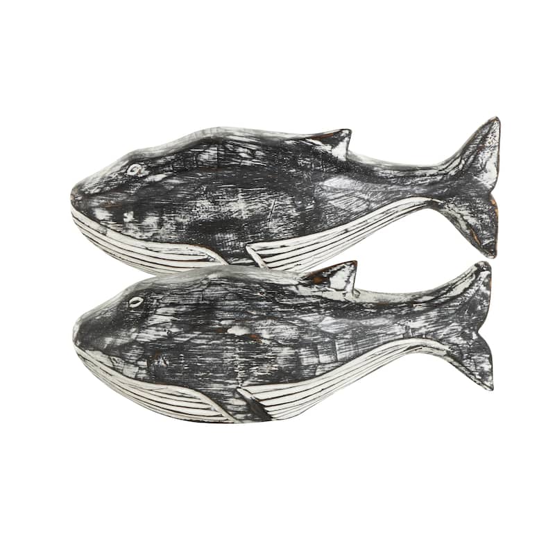 Wood Whale Distressed Sculpture - Set of 2 Cream - Roche River Decor - 3"W x 13"L x 5"H