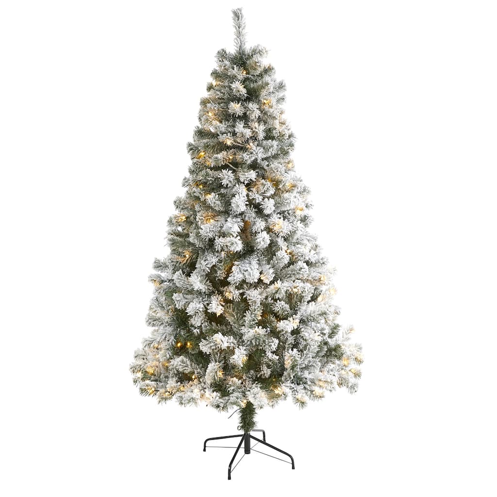 6ft Pre-Lit Artificial Christmas Tree - Flocked Frosted Fir with Stand & 250 Lights - Green - 72