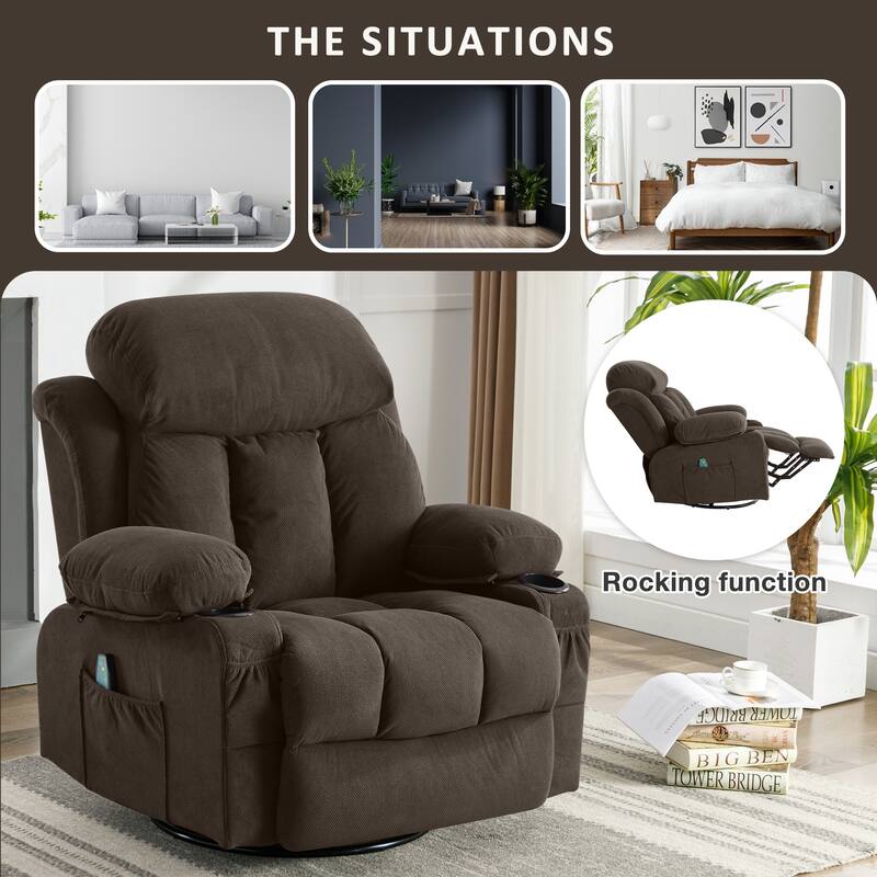 Swinging Recliner Massage Heated Sofa with USB, Cup Holders, Side Pockets, Eight Acupoint Massage