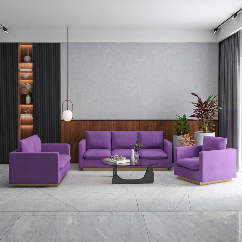 3-Piece Velvet Sofa Set with Brushed Gold Stainless Steel Base Nervo Series
