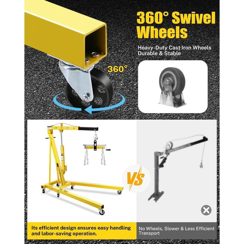 2-Ton Shop Crane, Hydraulic Folding Engine Hoist w/6 Steel Casters