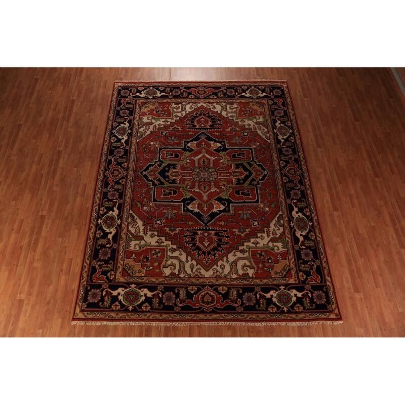 Orange Medallion Heriz Serapi Indian Area Rug Handmade Wool Carpet - 9'0"x 11'11"