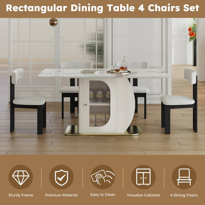 5-Piece Dining Table Set with Storage Cabinets, Kitchen Table Set with 4 Velvet Chairs for Dining Room