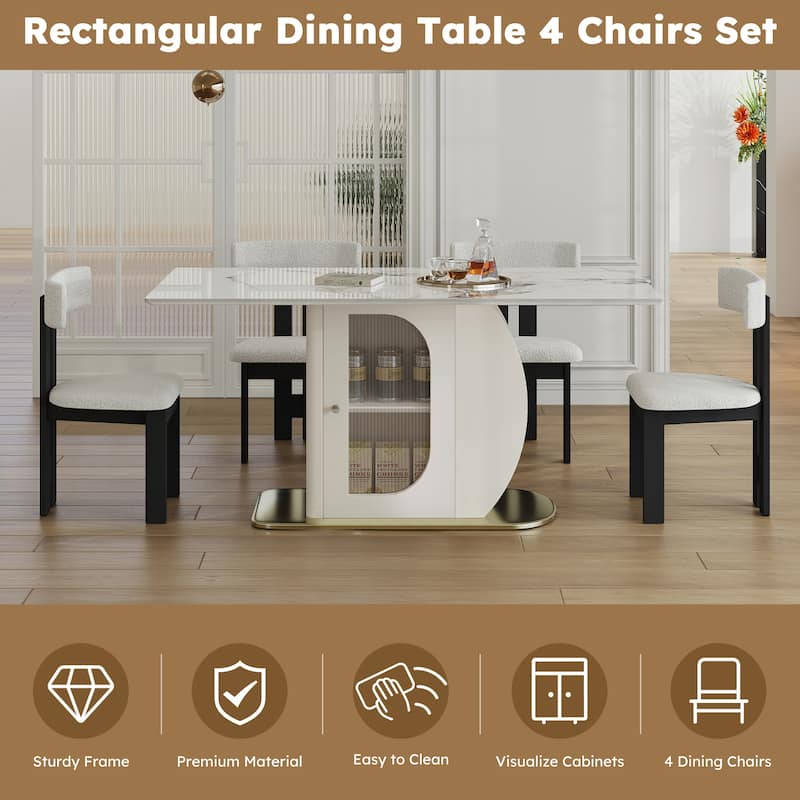 Roomfitters 63 Inch Dining Table Set with Chairs, Sintered Stone Kitchen Desk with Storage Cabinet, White