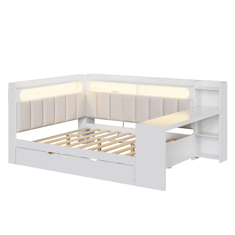 Roomfitters Full Daybed with Trundle, Charging Station and Upholstered Headboard