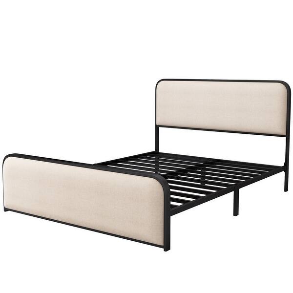 Queen Size Platform Bed with Beige Curved Upholstered Headboard and Footboard, Metal Slats Bed Frame with Storage Underneath