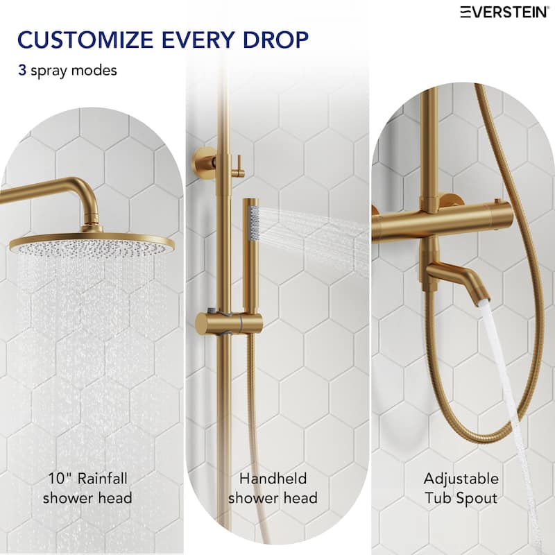 Height Adjustable Thermostatic Shower System with Tub Spout, 10" Rain Shower Head, Hand Shower, Brass Valve