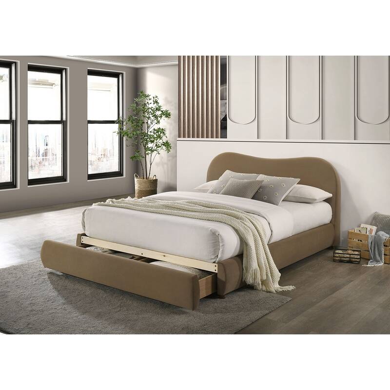 Brown Finish Velvet Upholstered Storage Bed Contemporary 1 Piece