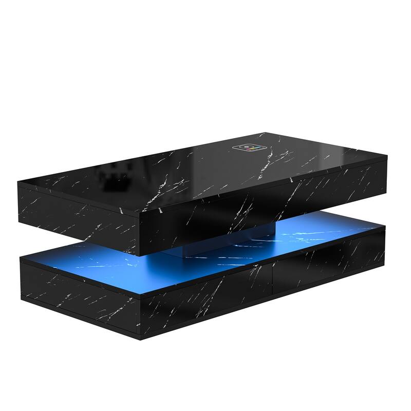 Smart LED Coffee Table 47.2" with Bluetooth Speaker & Wireless Charging, Modern White Marble Center Table
