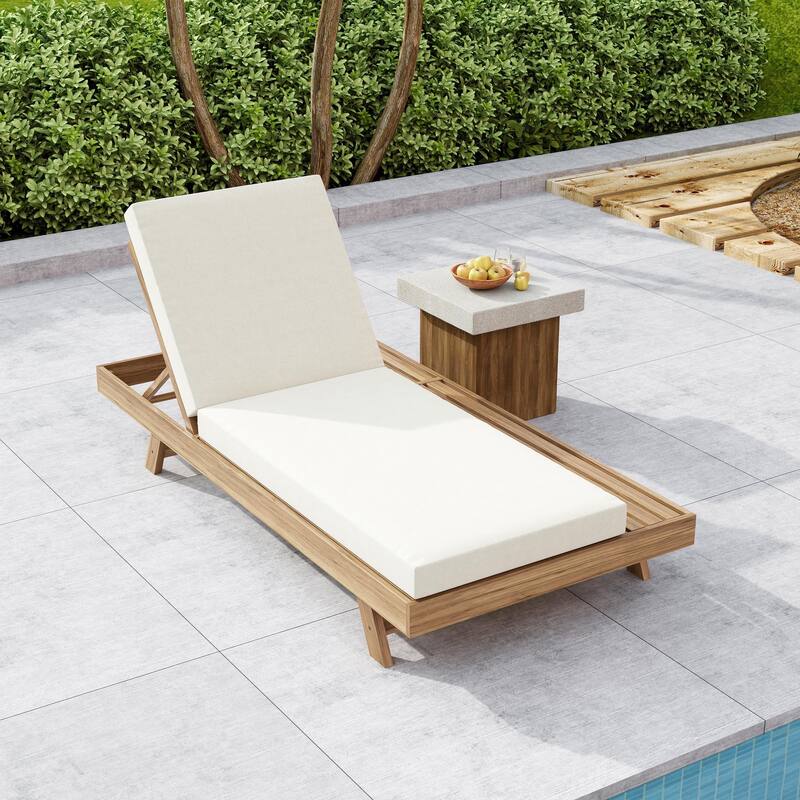 Outdoor Patio Acacia Wood Chaise Lounge Chair with Adjustable Backrest, Side Open Storage and Water-Repellent Cushions