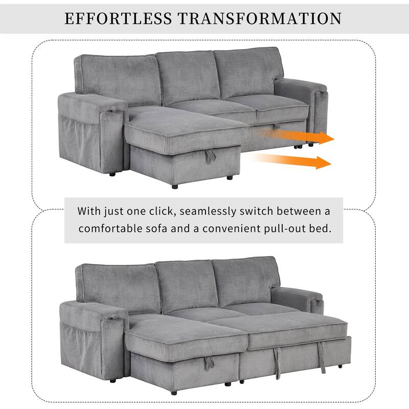 96.1" Polyester Sleeper Sectional Sofa with Storage Bags, Cup Holders and Fold-Out Twin Bed