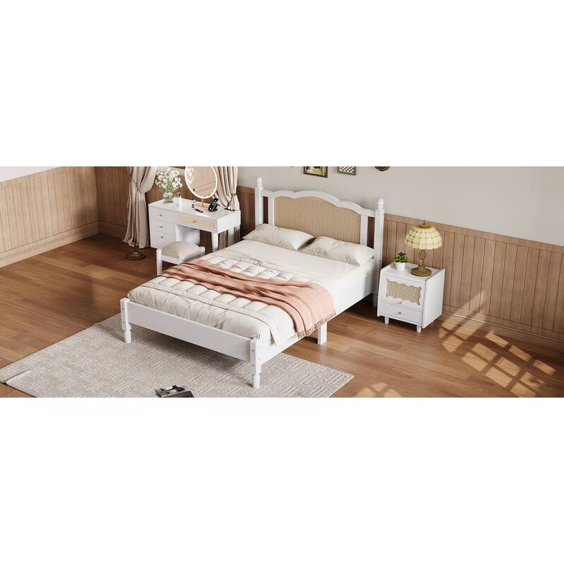 Wooden Platform Bed with Rattan Headboard Curved Wingback Bed Vintage Bed Frame Wood Slat Support Bed with Underbed Storage