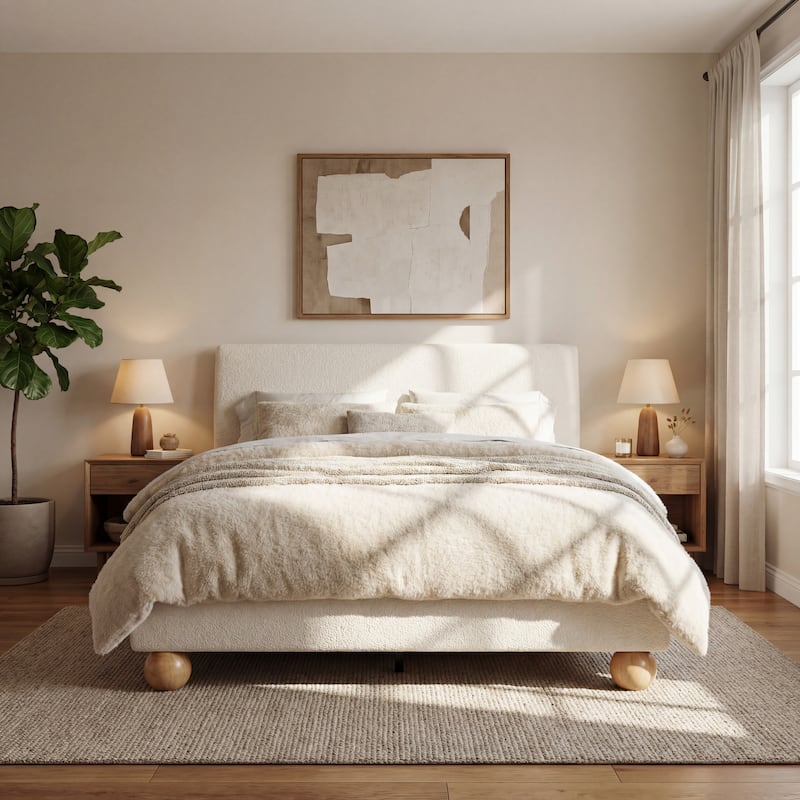 Christopher Knight Home - Modern Boucle Upholstered Platform Bed with Thick Headboard and Solid Wood Legs - Off White+Boucle - Queen