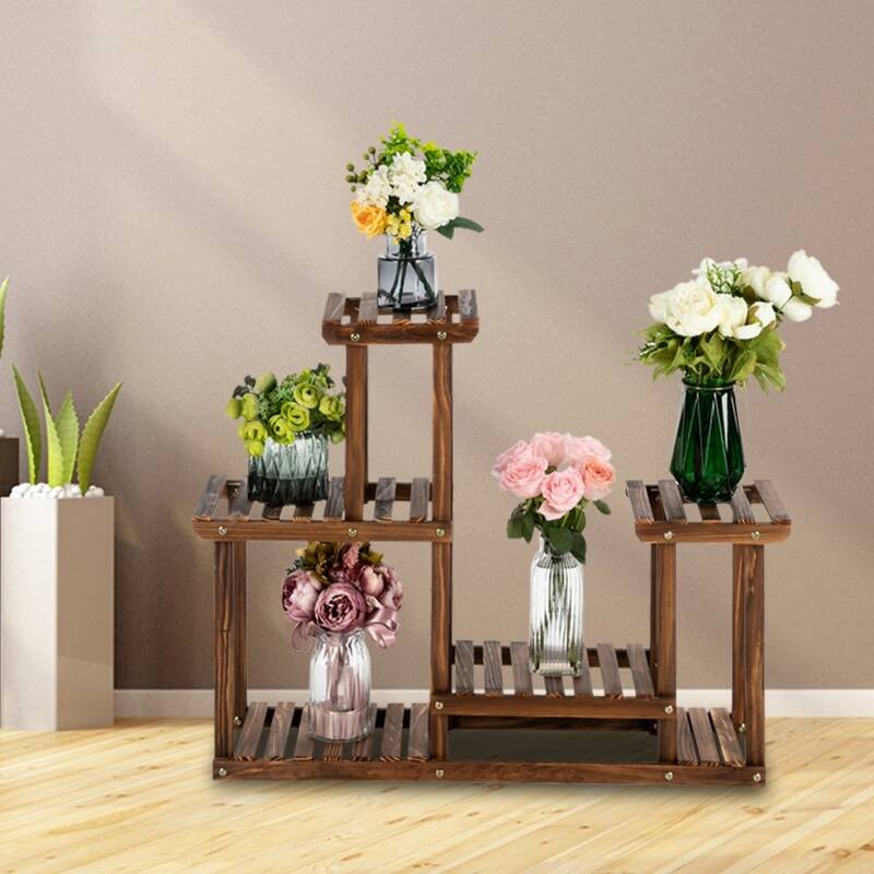 4-Story 7-Seat Multi-Function Carbonized Wood Plant Stand - Brown
