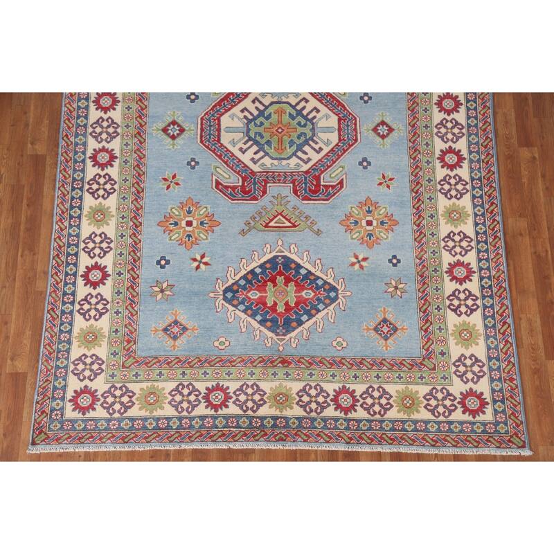 Hand Knotted Oriental 100% Wool Carpet Traditional Geometric Navy Blue & Blues Kazak Area Rug - 9' 8'' X 6' 6''