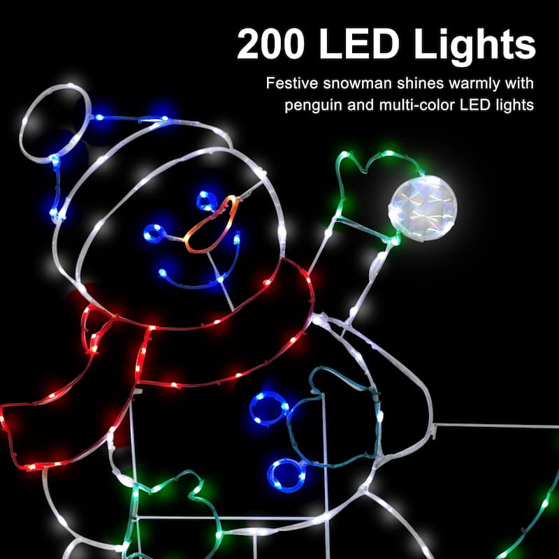 Puleo International 3.5' Snowman with Penguin Outdoor Christmas Decor with 197 Multi-Color LED Lights with Motion - White