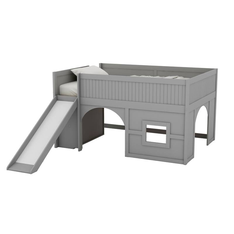 GDFStudio - PlayHaven Modern Wooden Low Loft Bed with Storage Shelves and Slide