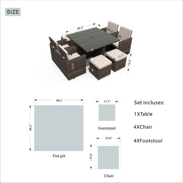 dimension image slide 1 of 4, 9-Piece Aluminum Dining Set with Tempered Glass Tabletop and Umbrella Hole
