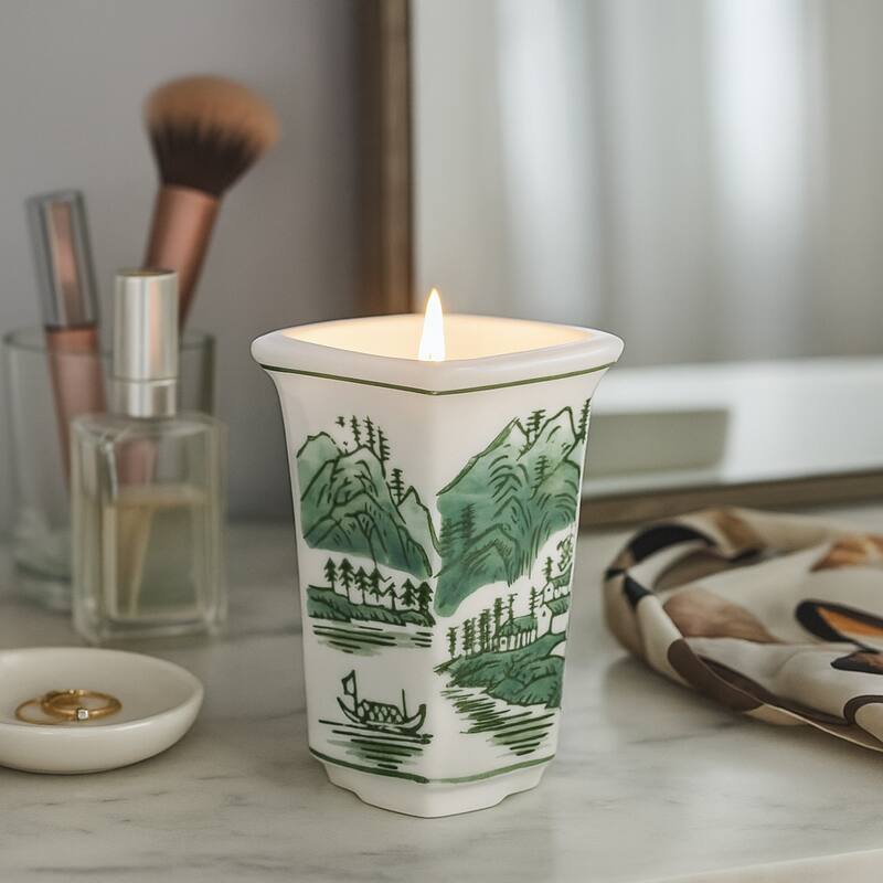 Modern Chinoiserie Ceramic Candle - Sage and Eucalyptus Scented - Green - 4.5"