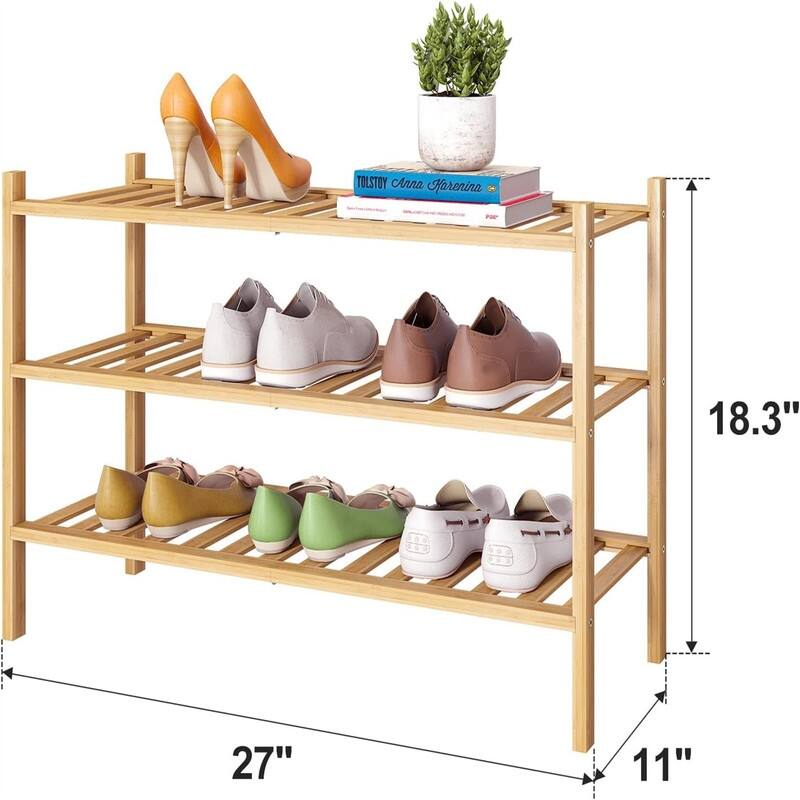 Bamboo Shoe Rack Stackable Shoe Shelf Storage Organizer for Unit Entryway - 11"D x 27"W x 18.3"H