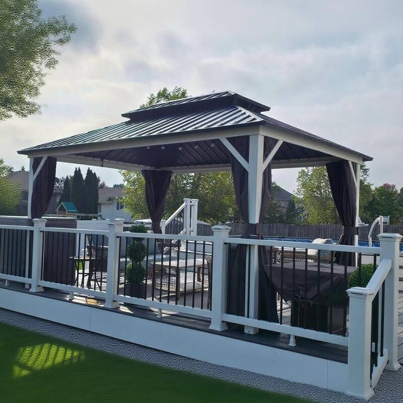PURPLE LEAF Patio Hardtop Gazebo for Outdoor Grey Galvanized Steel Double Roof White Aluminum Poles