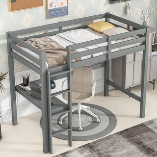 Twin Size Loft Bed with Build-in Study Desk and Ladder, Grey Loft Bed Superior Quality Bed Frame for Kids Teens Bedroom