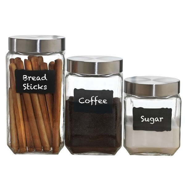 Palais Glassware Canister Clear Glass with Chalkboard and Chalk Air Tight Steel Lids for Bathroom or Kitchen, Set of 3