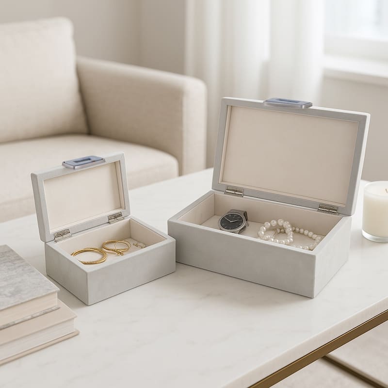 Decorative Suede Box with Lid and Gemstone - Set of 2, 14", 11" White - 14.0"