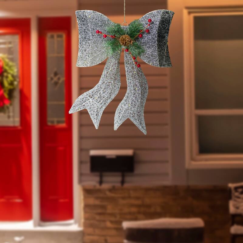 22" LED Lighted Silver Gradient Mesh Bow Christmas Decoration