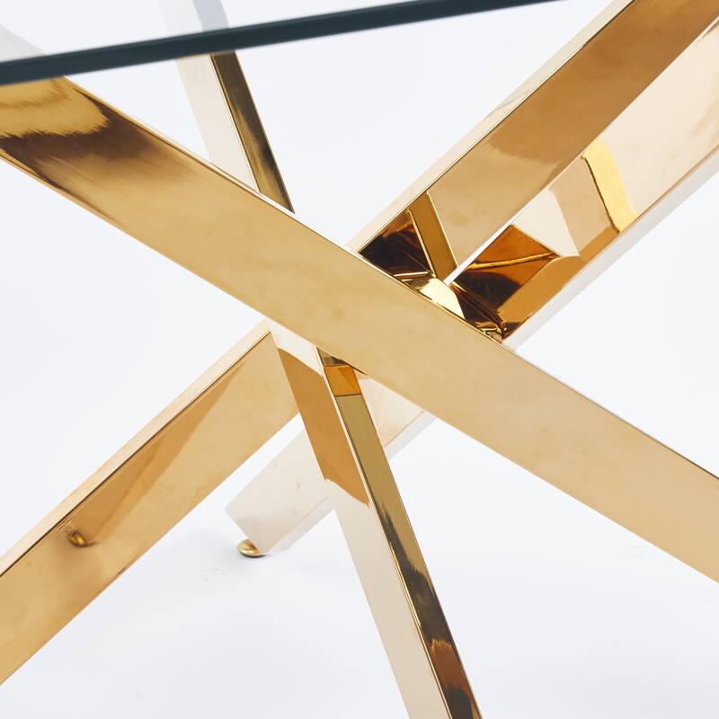 Golden Dining Table with cross metal leg and glass,Modern Space Saving Kitchen Table for Living Room,120x120x75cm square glass
