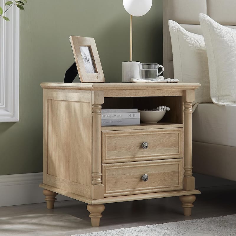 Farmhouse End Table, Sofa Side Table with Charging Station, Nightstand - Natural Oak