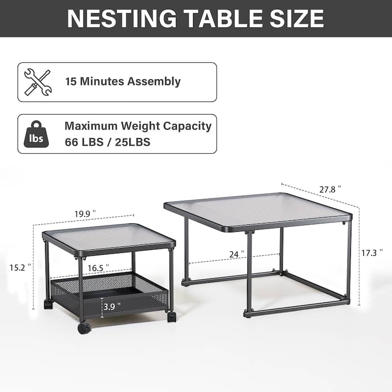 Meyreso Black Square Tempered Glass Nesting Coffee Tables with Metal Frame