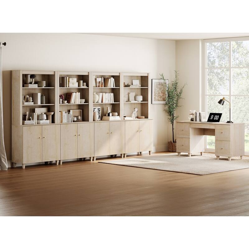 WAMPAT Home Office Furniture Set, 58" Executive Desk with Drawers, 4-Column 71" Tall Bookcase with Doors and Adjustable Shelves - Natural Oak