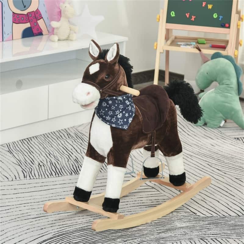 Classic Brown Plush Rocking Horse with Realistic Sounds and Cowboy Design for Kids Ages 3 to 6 Years