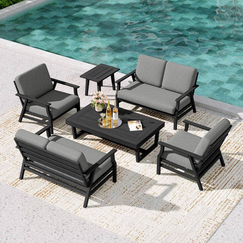 4-Piece Teak Outdoor Conversation Set With 2 Loveseats, Coffee Table & Side Table - Grey - Black Wood