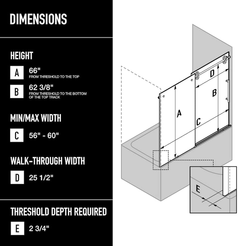 VIGO Elan 56" to 60" W x 66" H Frameless Sliding Tub Door