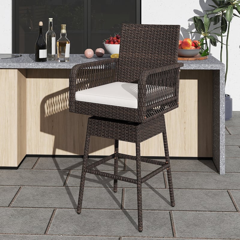 29-Inch Mix Brown Rattan Bar Height Swivel Stool with Comfortable Cushion for Outdoor Use - 22" x 22" x 46.5"