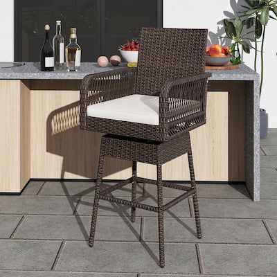 29-Inch Mix Brown Rattan Bar Height Swivel Stool with Comfortable Cushion for Outdoor Use - 22" x 22" x 46.5"