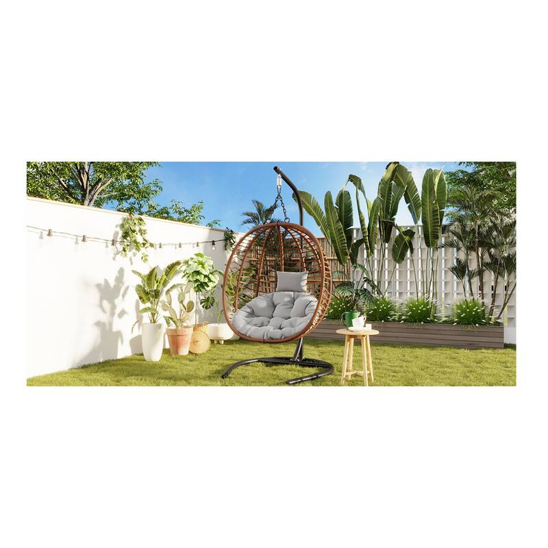 Roomfitters Single Person Folding Egg Chair with Stand, UV Resistant Wicker Rattan Swing for Patio, Garden