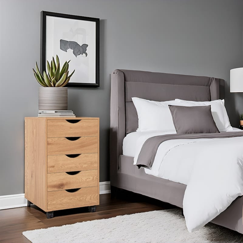 Portable Wooden 5-Drawer Cabinet with 360° Wheels, Easy Pullout Design, and Extra Top Storage