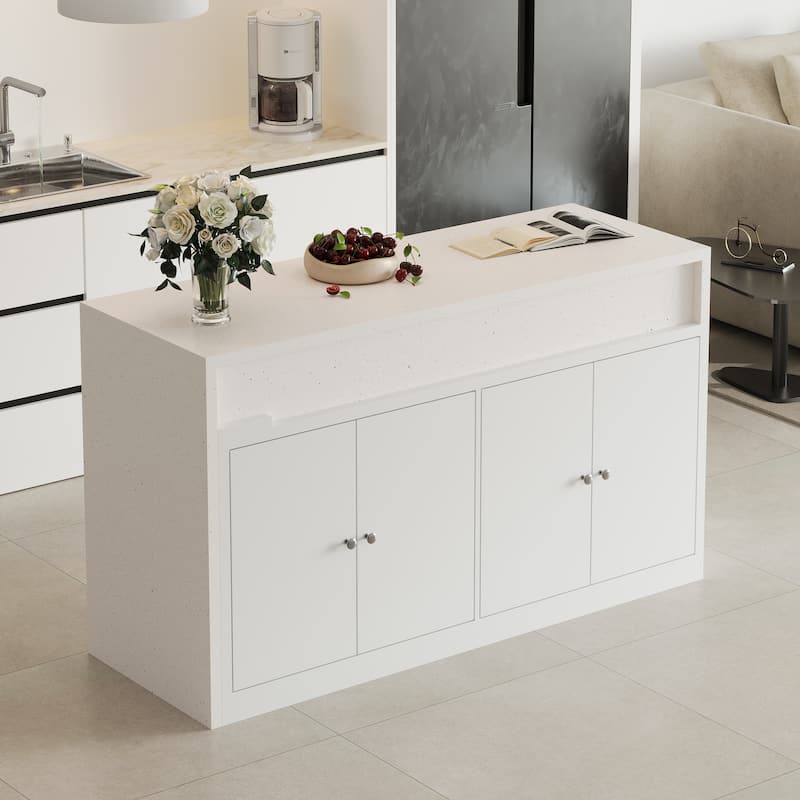 Modern Kitchen Island with Pull-Out Faux Marble Top, White Storage Cabinet with Large Capacity Shelves Kitchen Dining Table