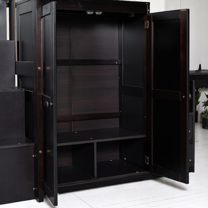 Twin/Full Size Loft Bed with Desk, Wardrobe, Drawers & Stairs, Wood Frame Study Bed with Storage for Kids/Teens