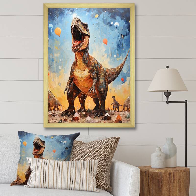 Designart "Pop Art Dino Explosion" Dinosaur Wall Decor Grey - Modern Hallway Framed Wall Art Decor - 34 in. wide x 44 in. high - Gold
