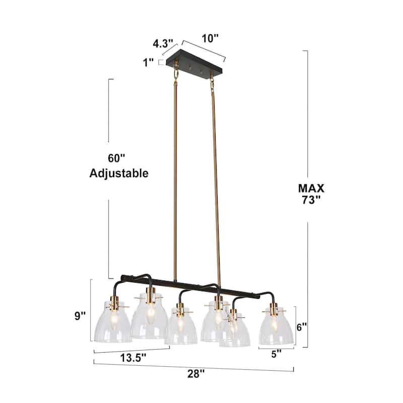 Carrall Modern 6-Light Black Gold Linear Chandelier Glass Pendant Light for Dining Room