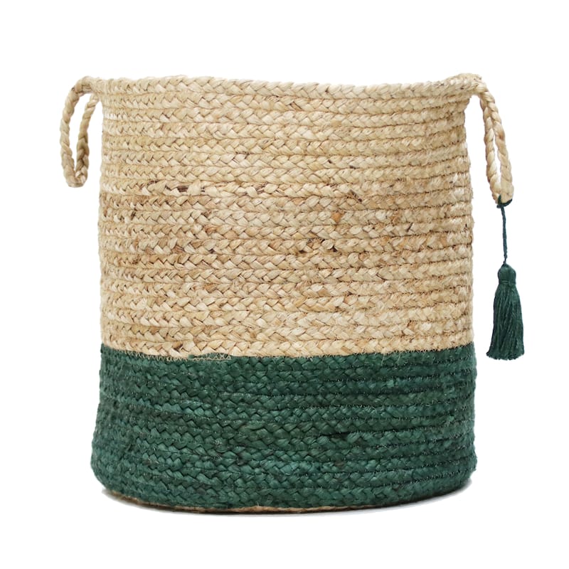 Sevita Two-Tone Jute Hand-Stitched Storage Basket with Handles - 17" x 17" x 17" - Tan/Hunter Green