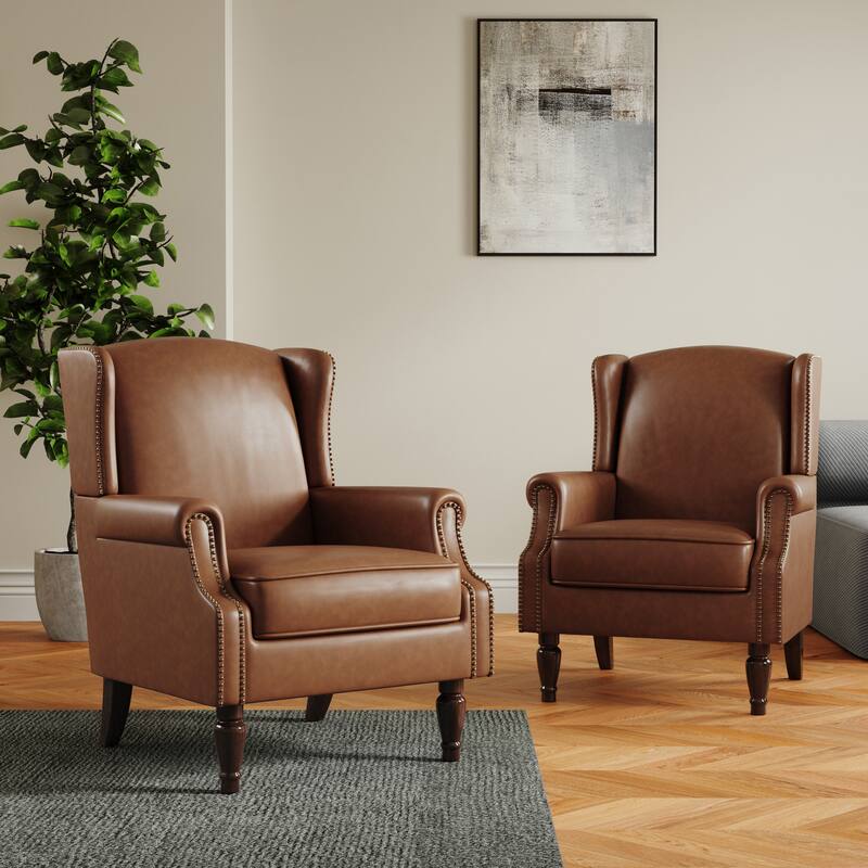 Set of 2 Patterned Upholstered Accent Chair for Living Room - Brown-Leather