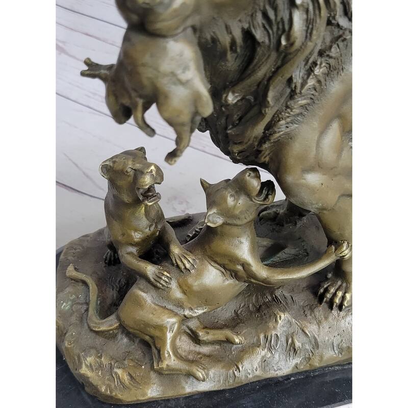 Signed Barye Male Lion With Cubs Bronze Figurine Sculpture Statue Animal Art