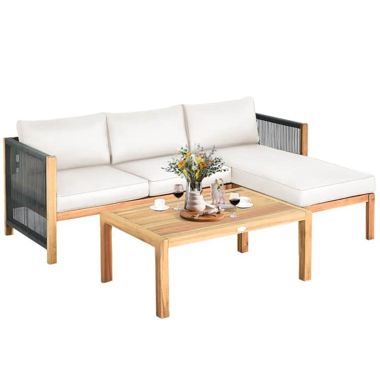 3 Piece Patio Acacia Sofa Set with Nylon Armrest - 52" x 26" x 25"(L x W x H)